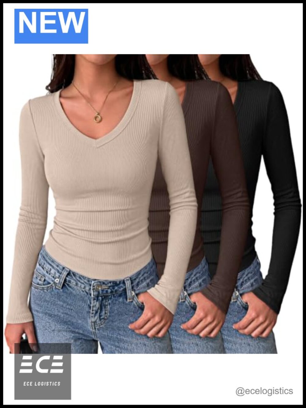 Women V Neck Ribbed Long Sleeve Slim Fit Basic Tee